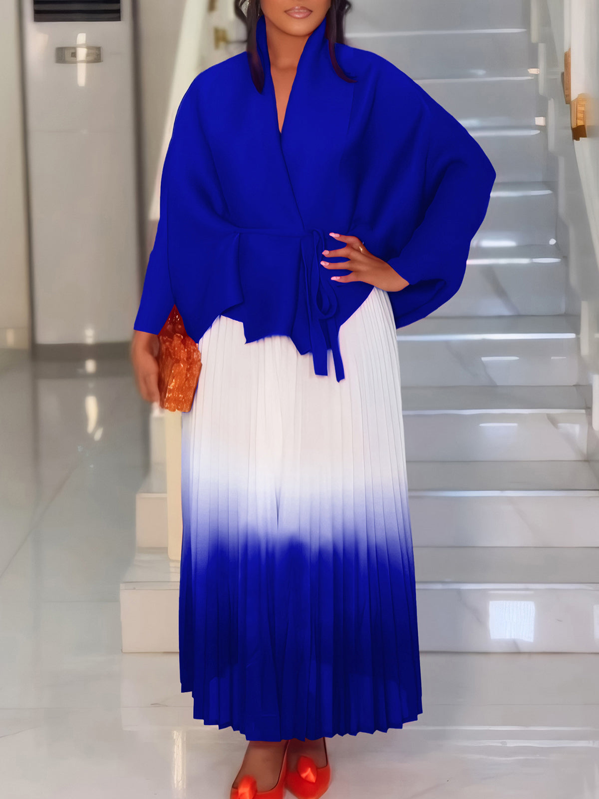 Elegant Lace-up Top and High Waist Pleated Skirt Set