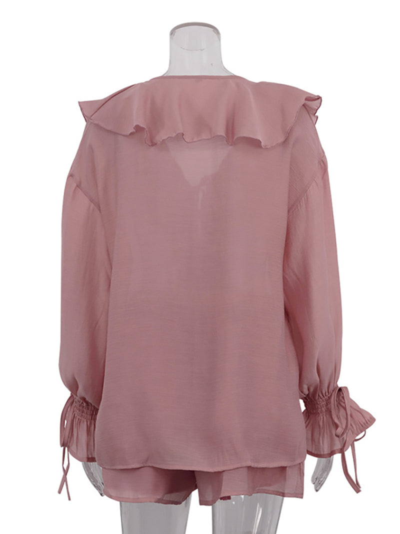 Casual Ruffles Shorts V Neck See Through Sets