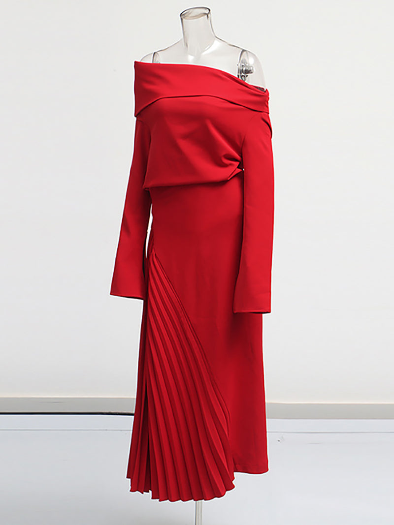 Boutique Oblique Shoulder High Slit Pleated Maxi Dress