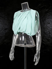Fashion Crew Neck Cap Sleeve Pleated Top