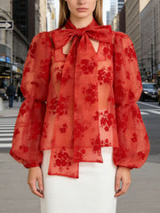 Print Mesh Sheer Spliced Bowknot Fashion Shirt