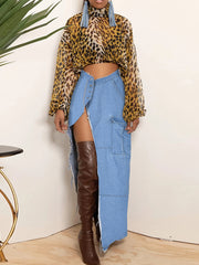 Sexy High Split Cargo Denim Skirt