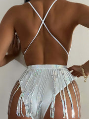 Sexy Deep V Sequins Tassel One-Piece Bikini Beachwear