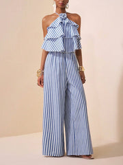 Fashion Striped Halter Backless Wide Leg Jumpsuits