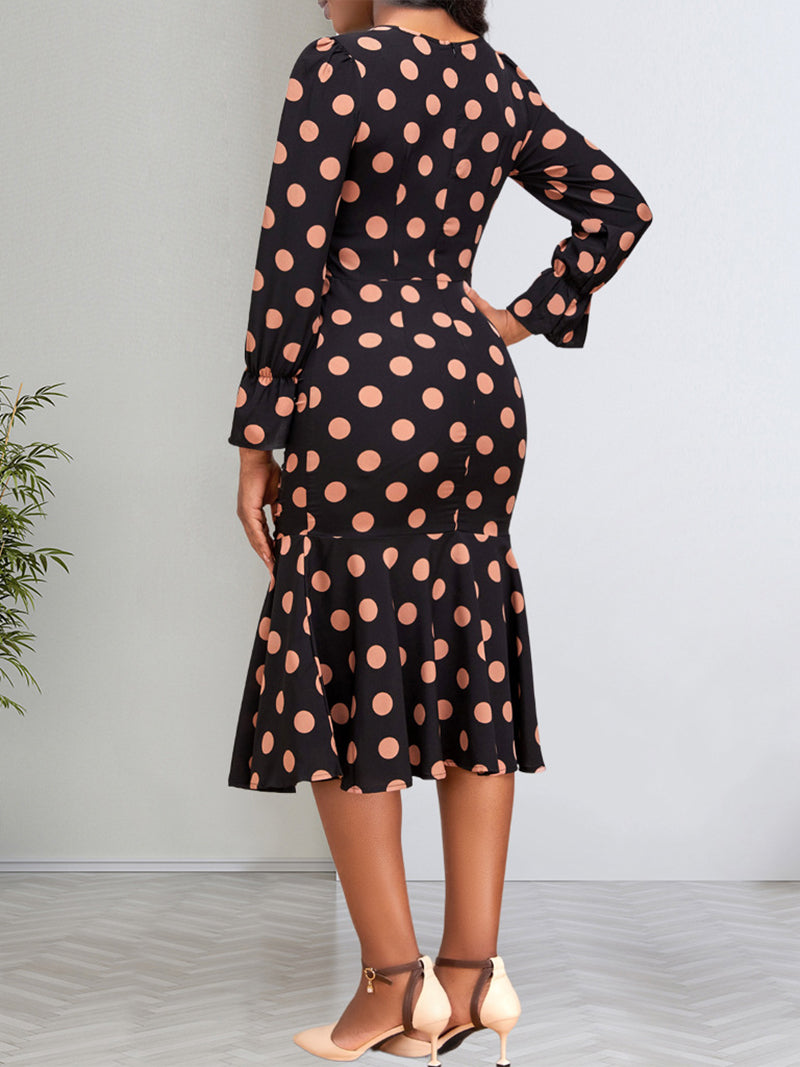 Elegant Polka Dots Ruched Ruffle Hem Mermaid Pencil Midi Dresses