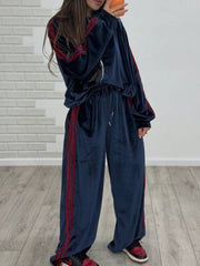 Velvet Side Stripe Zip Jacket and Wide Leg Pants Set