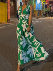 Casual Print V Neck Long Dress