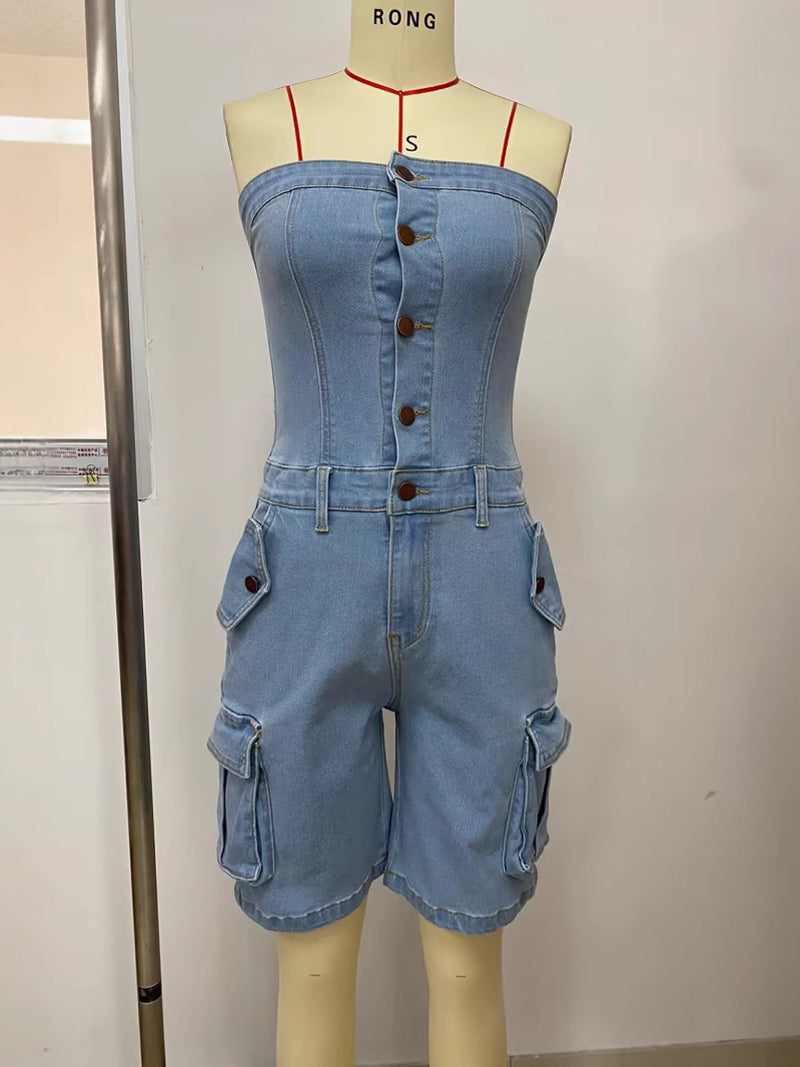 Sexy Strapless Denim Cargo Romper