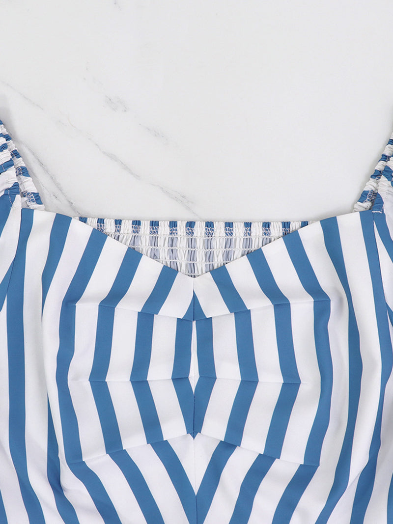 Casual Striped Print Patchwork V-neck Midi Dress