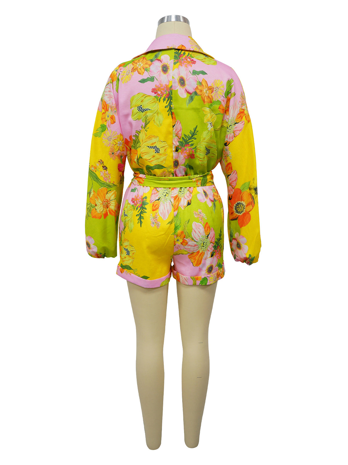 Flower Print Long Sleeve Belted Romper