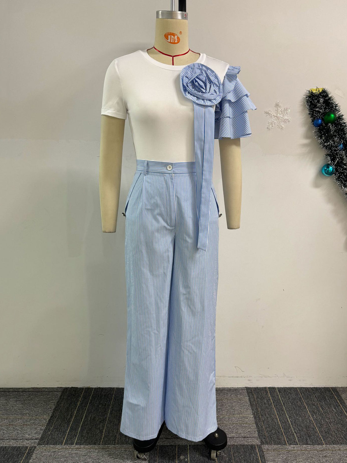 Asymmetric Rosette Top Pinstripe Wide Leg Pants Sets