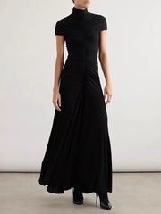Elegant High Neck Ruched Slim Maxi Dress