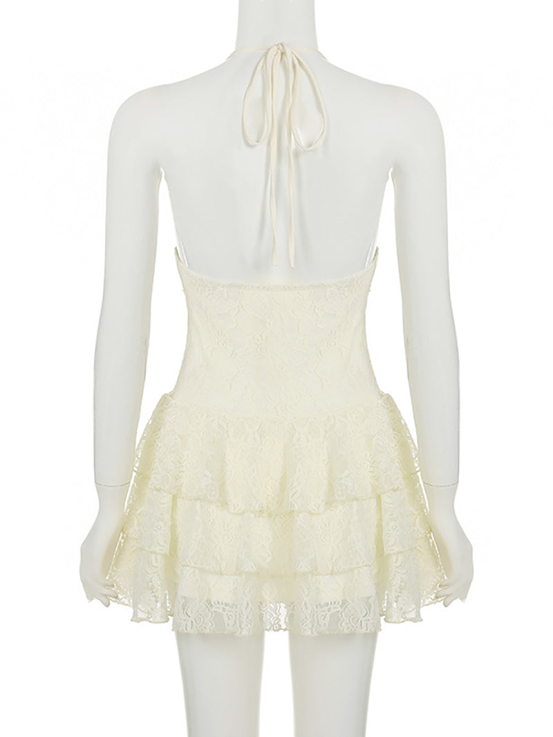 Sexy V-neck Halter Backless Lace Mini Dress