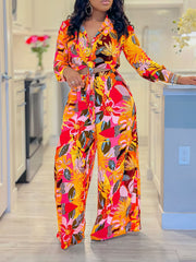 Printed Blouse Wide Leg Trousers Two Pieces Set