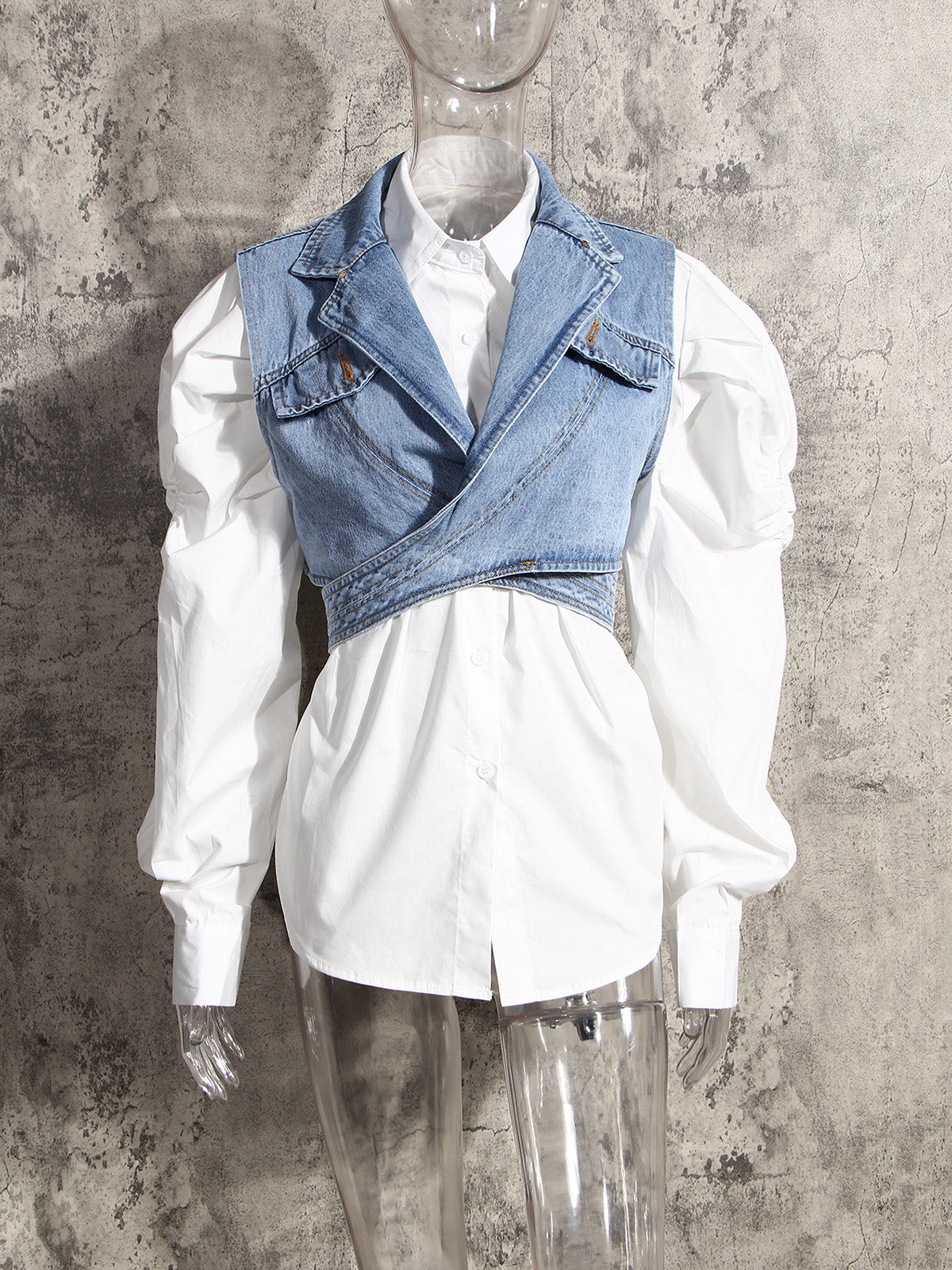 Fashion Loose Button Down Shirt With Denim Vest Sets