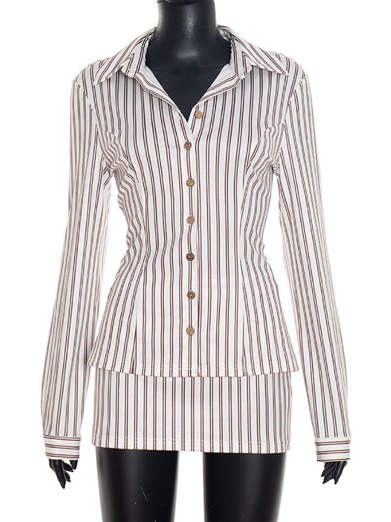 Casual Stripe Shirt Mini Skirt Two Piece Set