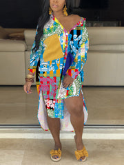 Casual Print Loose Long Sleeve Shirt Dress