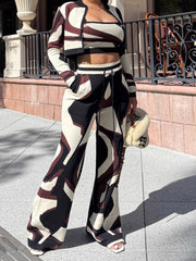 Fashion Print Wide Leg Pants Casual Three Piece Set