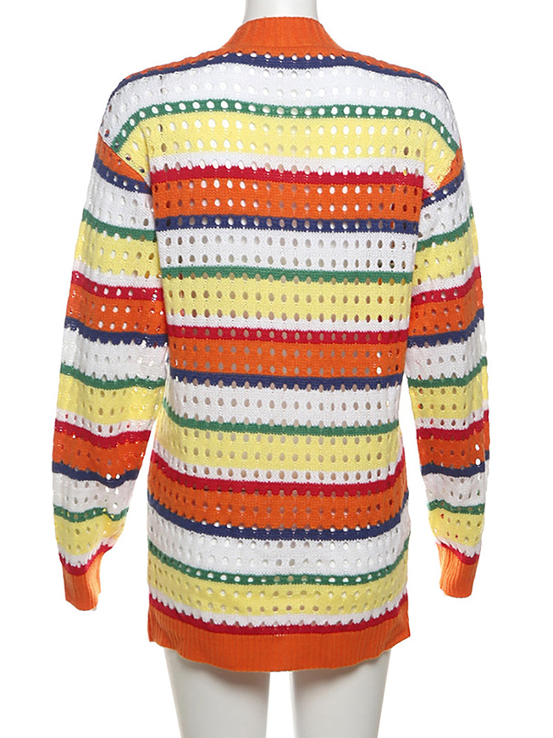 Colorblock Striped Loose V Neck Cardigan