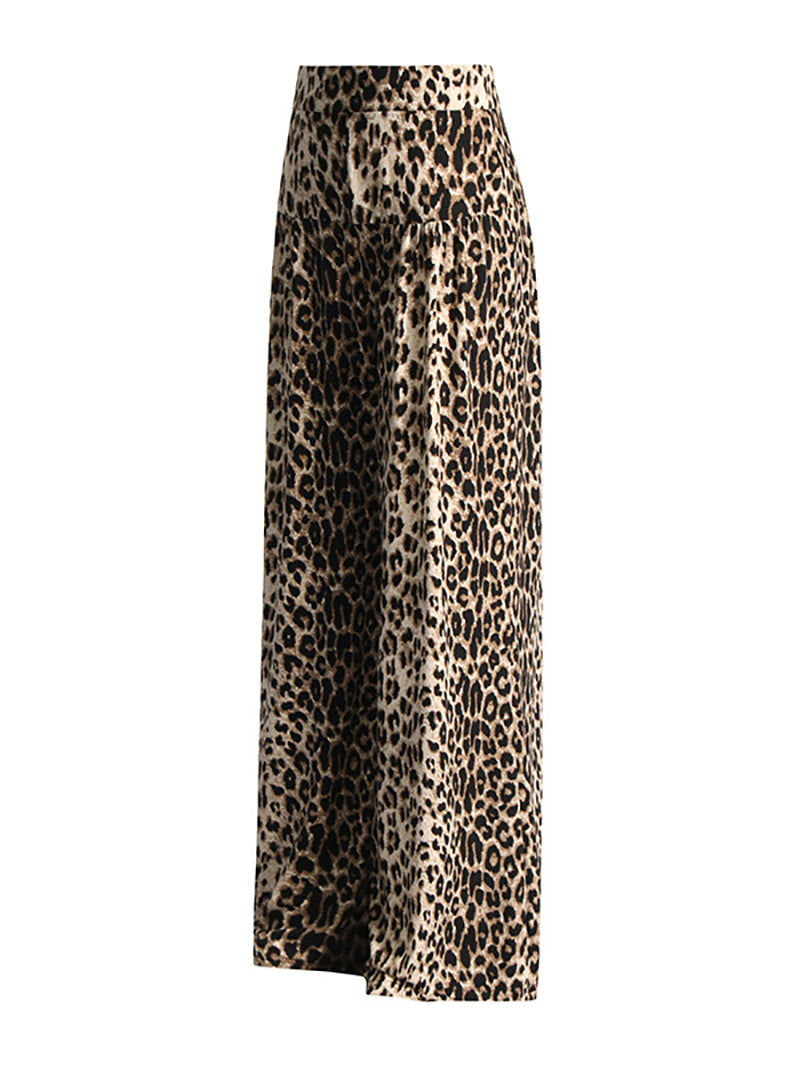 Elegant Leopard Print High Waisted Flowy Wide Leg Pants