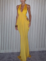 Sexy Halter Neck Patchwork Ruched Maxi Dress