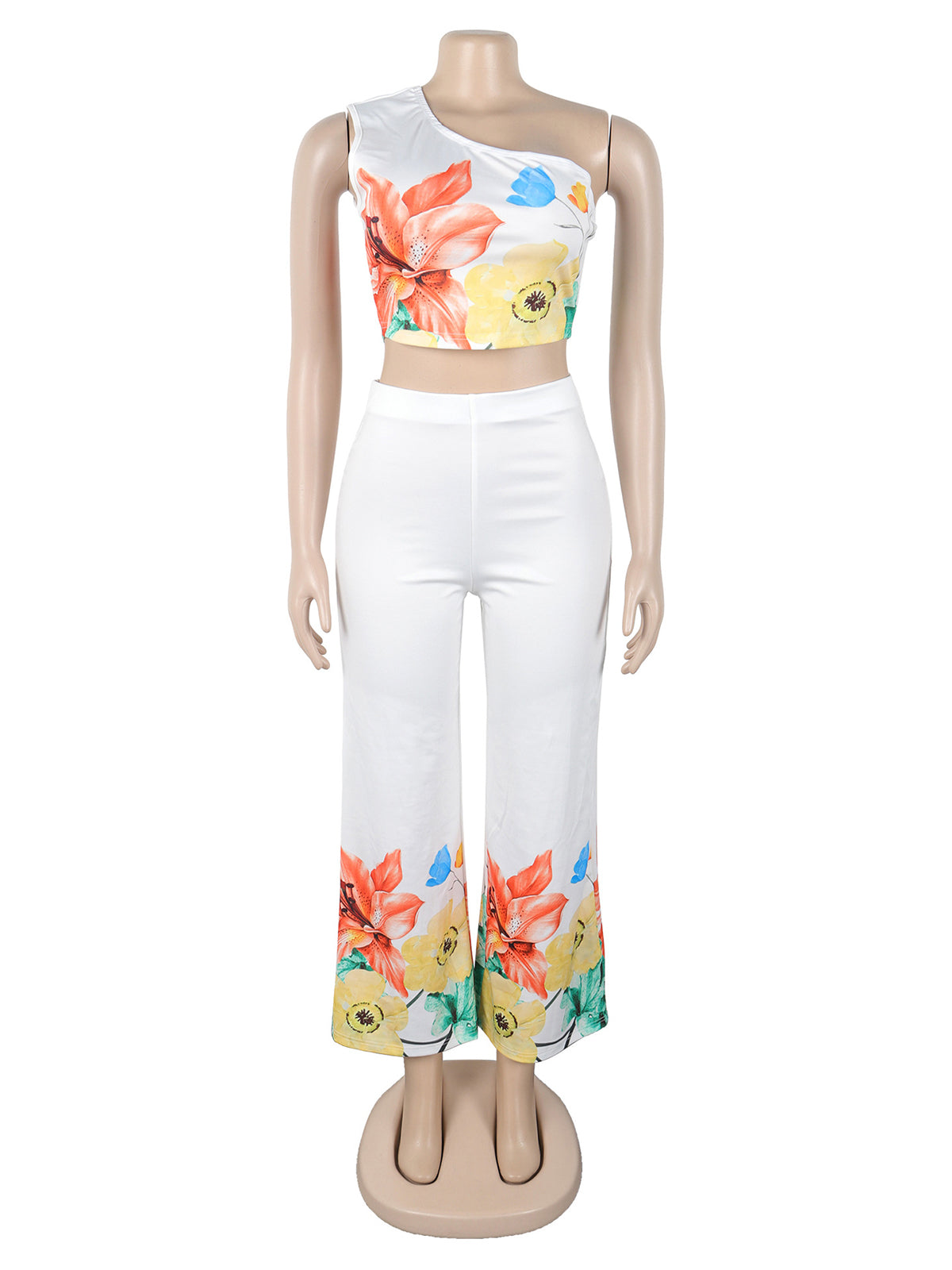 Elegant Sloping Shoulder Floral Print Pants Sets