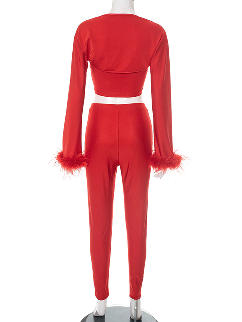 Sexy Feather Cropped Top Skinny Pants Club Sets