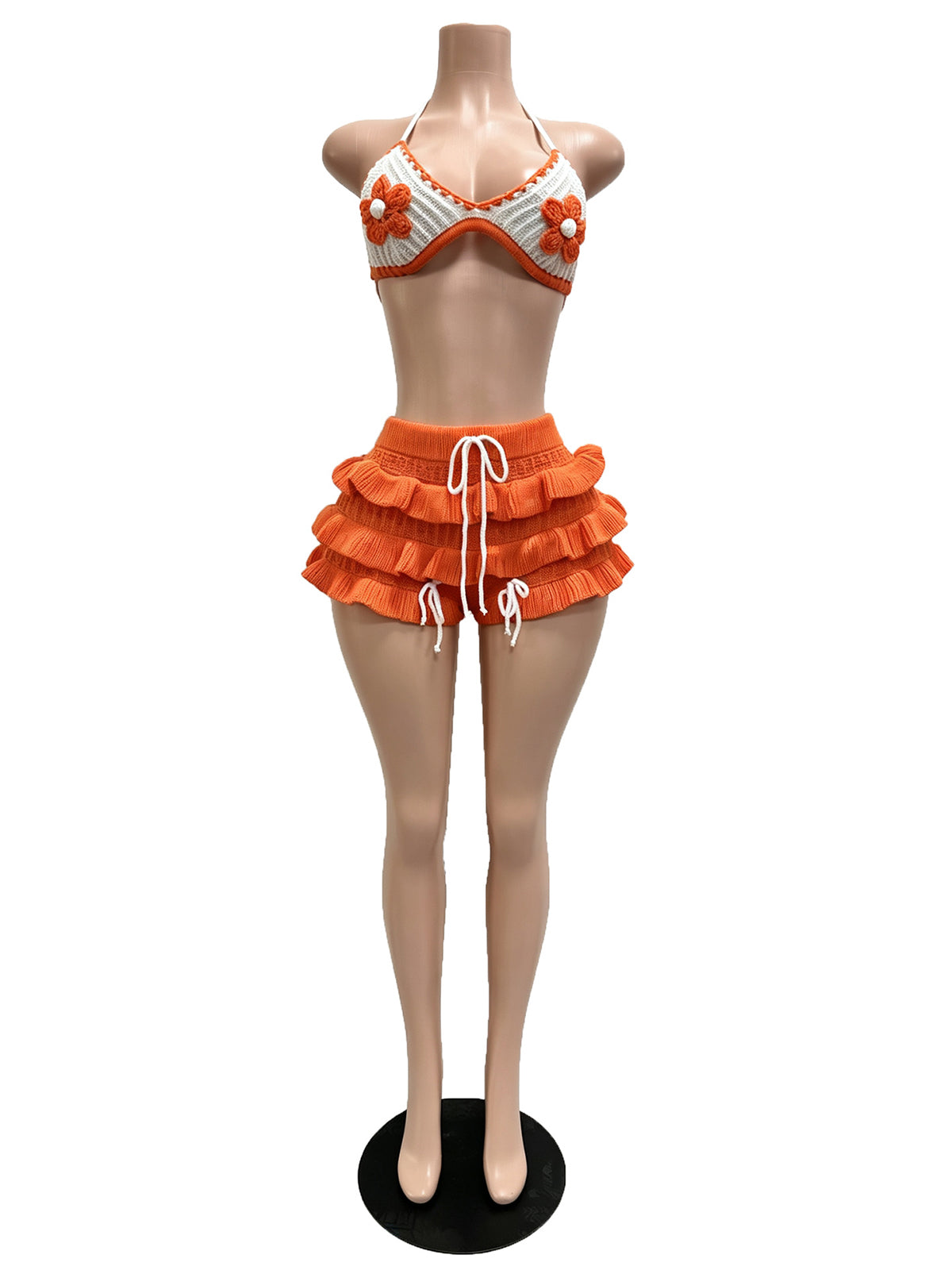 Casual Vacation Crochet Floral Ruffles Beach Two Piece Set