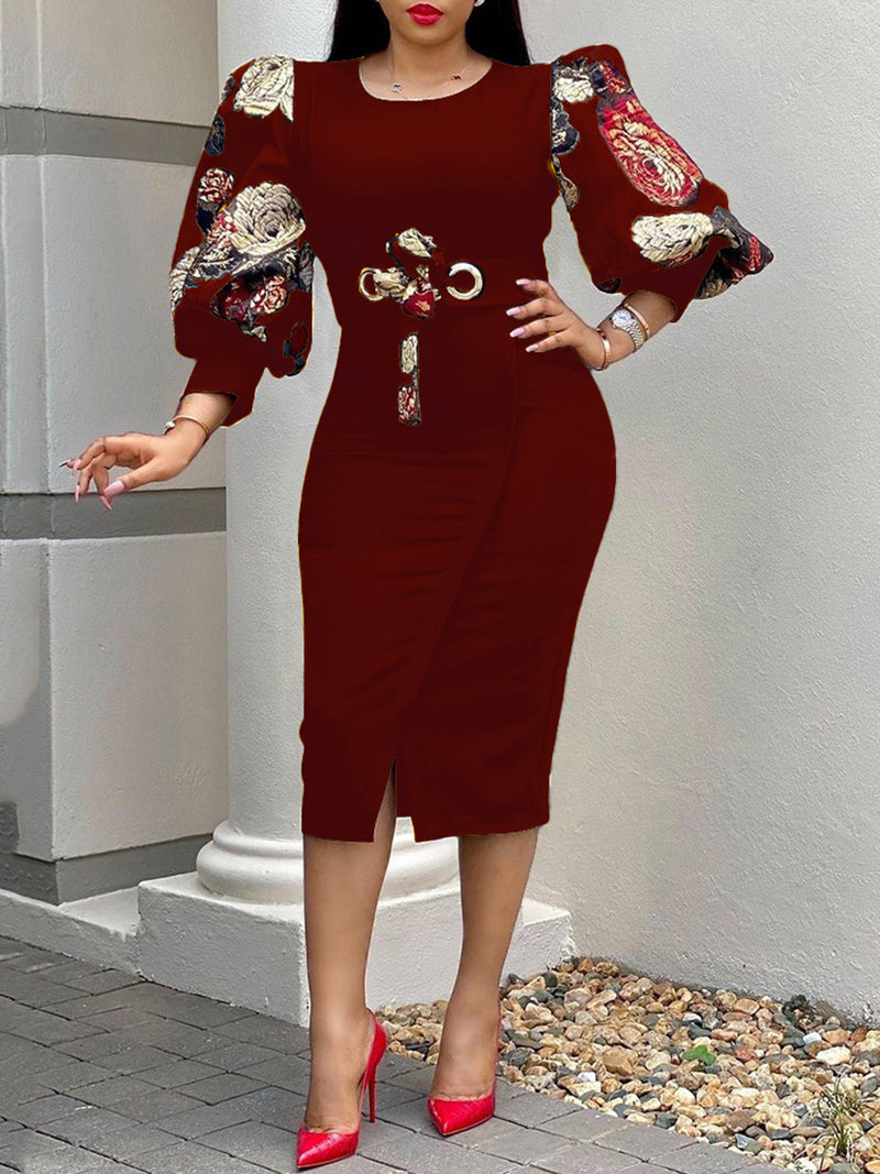 Round Neck Print puff sleeves Slim Dress