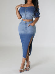 Casual Elastic Gradient Color Denim Skirt