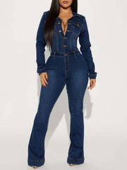 Turndown Collar Slim Denim Jumpsuit