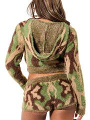 Fluffy Camo Cropped Hooded Top And Shorts Sets