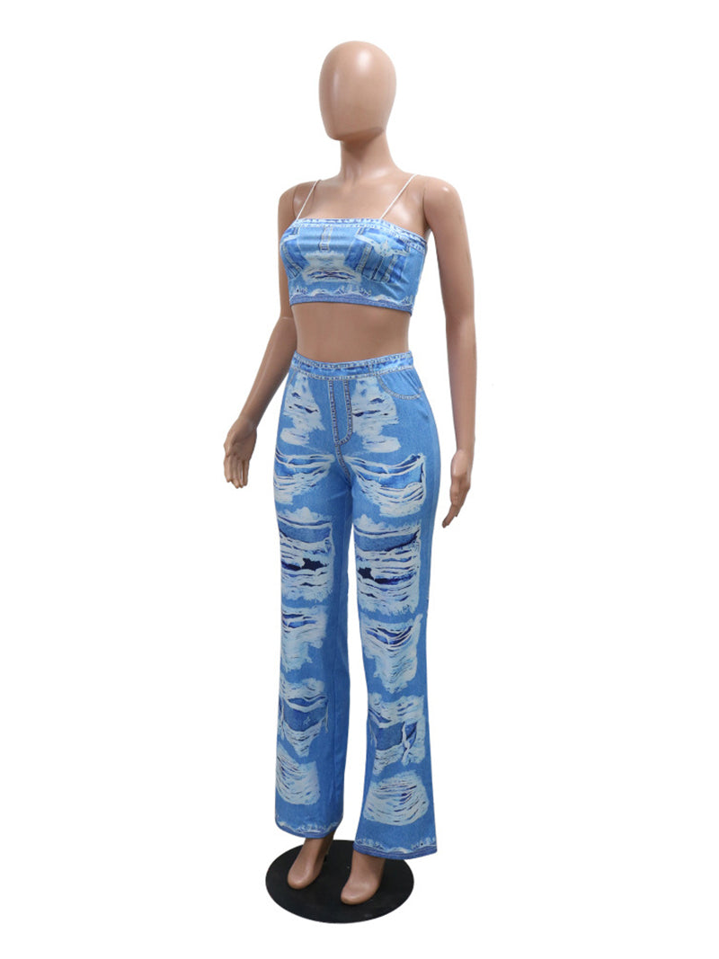 Sexy Print Patchwork Spaghetti Straps Flared Pant Sets