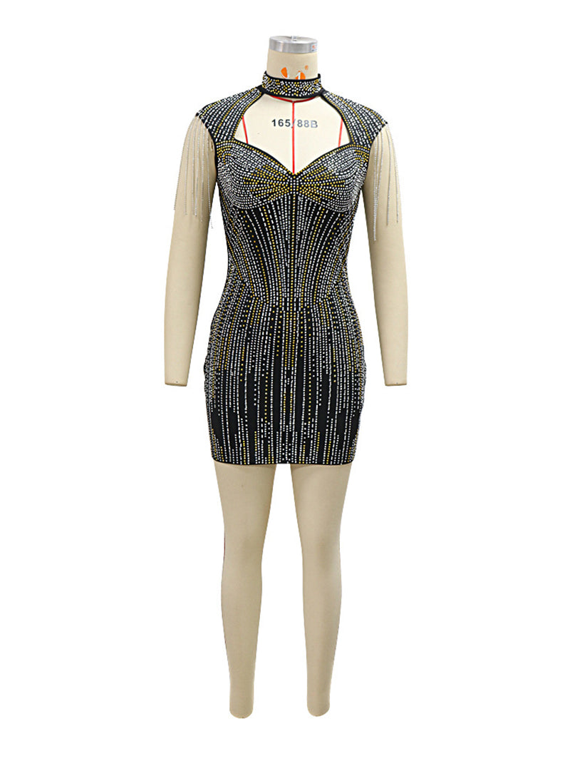 Bead Chain Patchwork Rhinestone Slim Party Dress