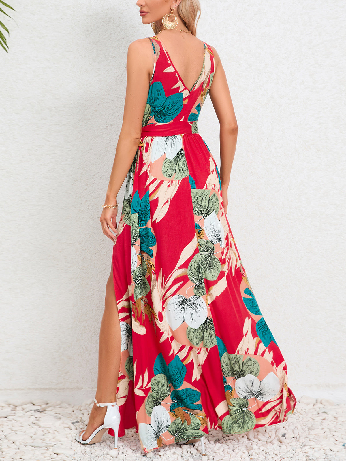 Sexy V Neck Print Sleeveless High Slit Dress