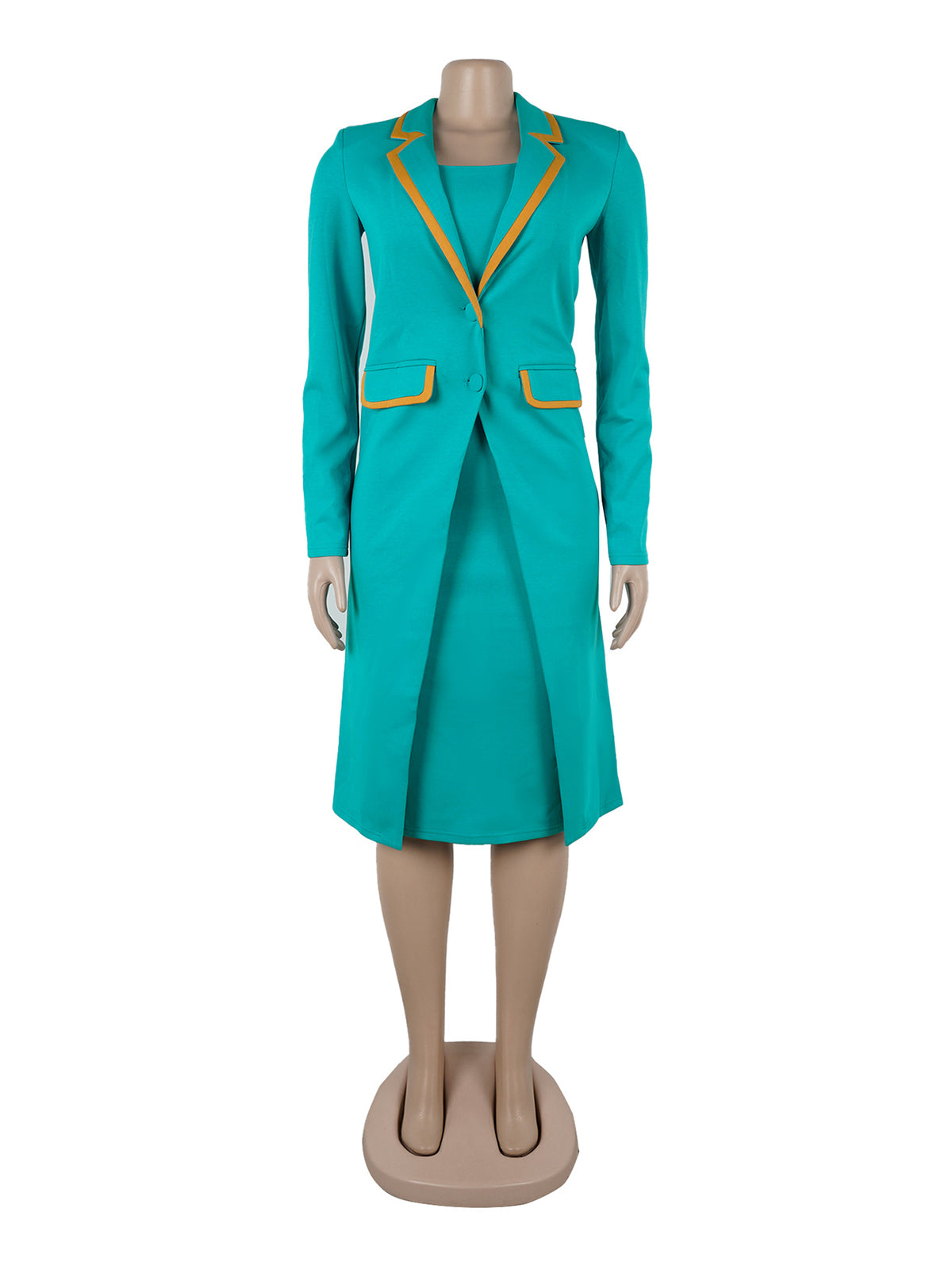 Elegant Lapel Buckle Long Blazer Midi Dress Suit