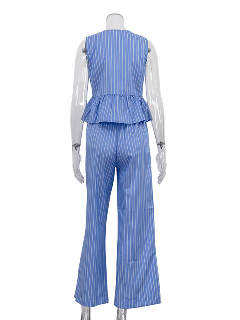 Stripe Sleeveless Lace-up Ruffle Top And Pants Sets