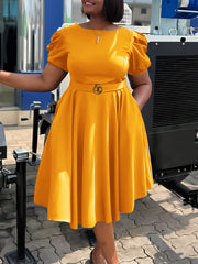 Plus Size Fashion Short Sleeve  Belted Slim Midi Dress