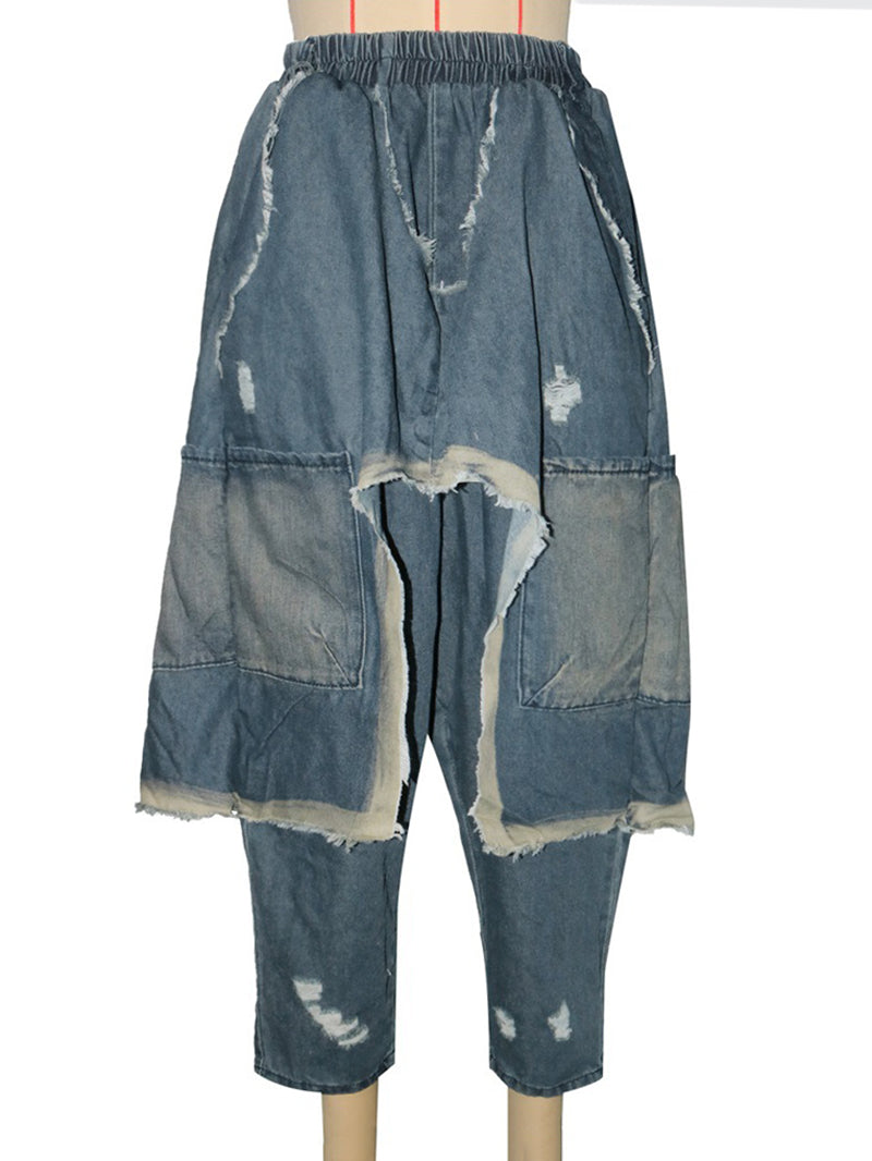 Casual Ripped Distressed Denim Patchwork Harem Pants