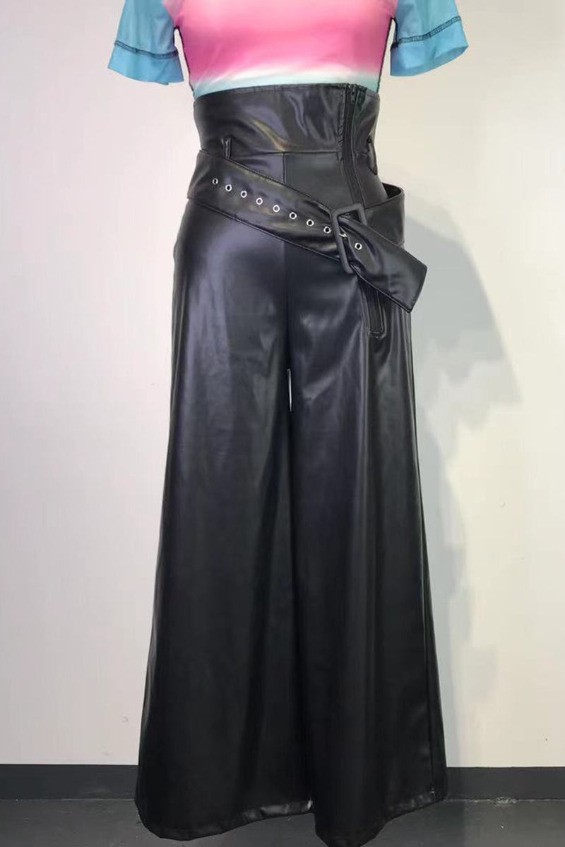 PU Leather Zipper Wide Leg Pants