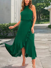 Casual Sleeveless Bandage Front Frill Maxi Dress