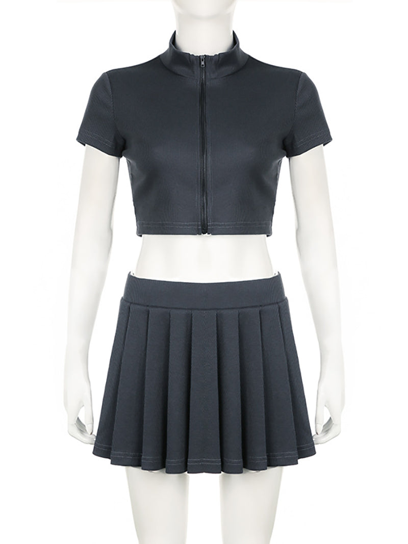Fashion Zipper Crop Tops Pleated Skirt Casual Set