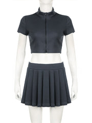 Fashion Zipper Crop Tops Pleated Skirt Casual Set