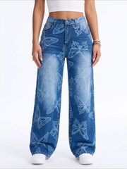 Butterfly Print High Waist Wide Leg Jeans