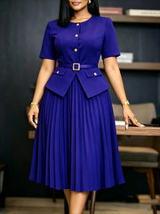 Pleated Faux Two Piece Midi Dress with Belt