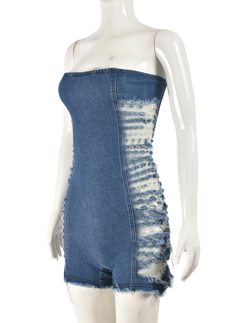 Denim Cutouts Fuzzy Trim Strapless Rompers