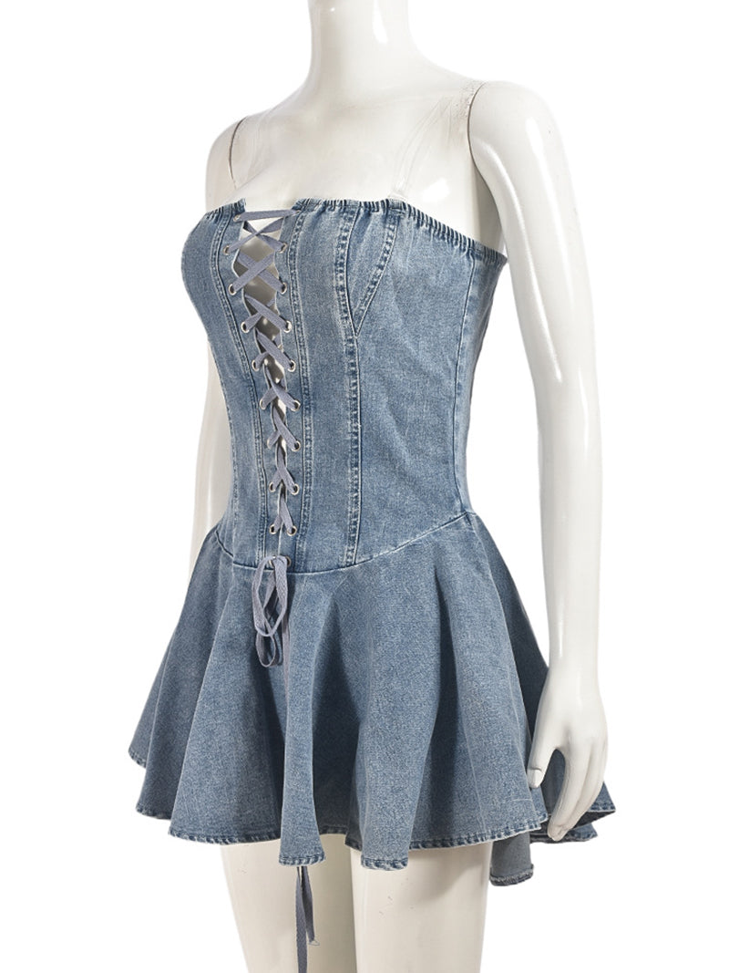 Sexy Sweet Denim Corset Flare Mini Dress