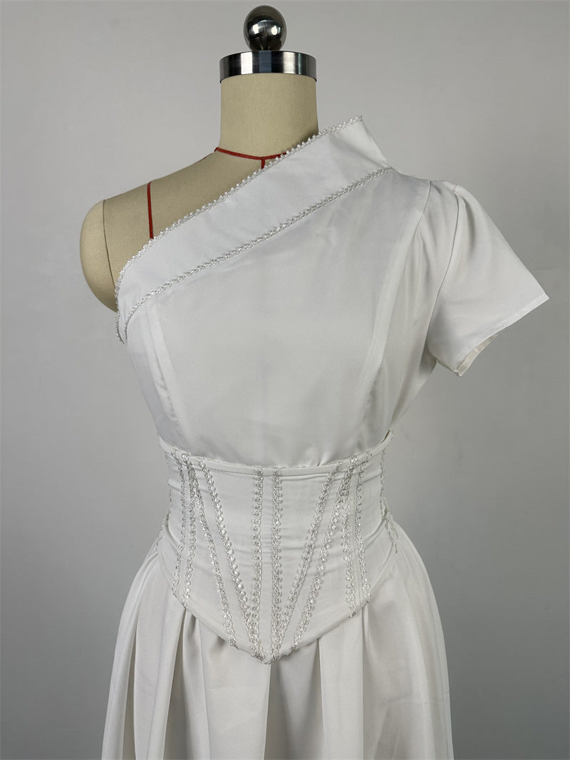Solid Slash Shoulder Short Sleeve Midi Dress