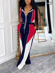 Casual Zipper Contrast Crop Top Drawstring Pants Sets