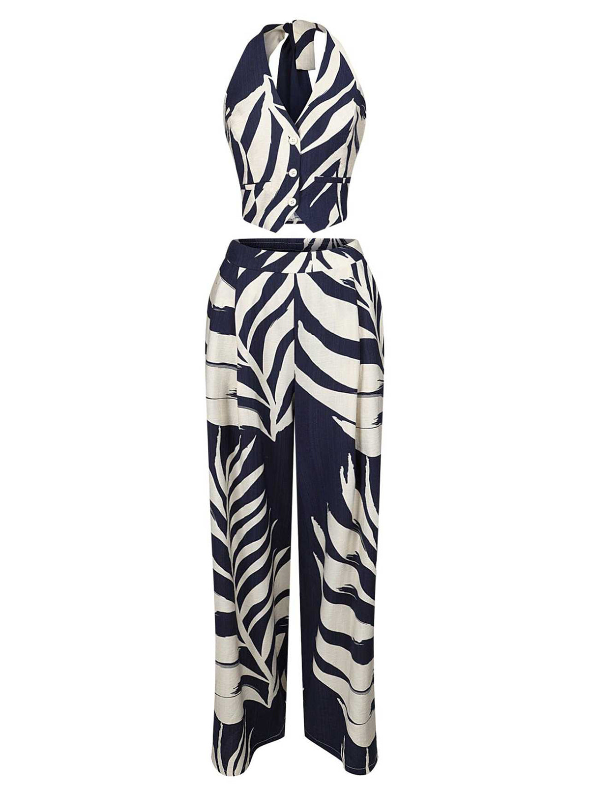 Casual Print Halter Lace-up Top Wide Leg Pants Set